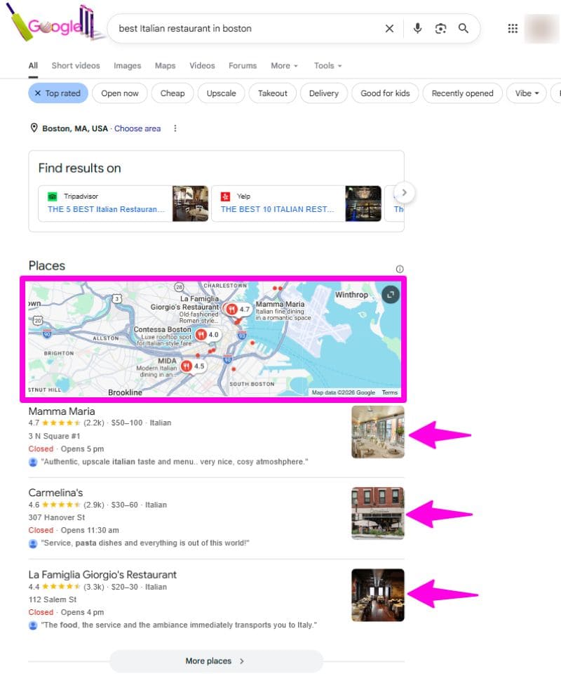 Google Search Results For Best Italian Restaurant In Boston