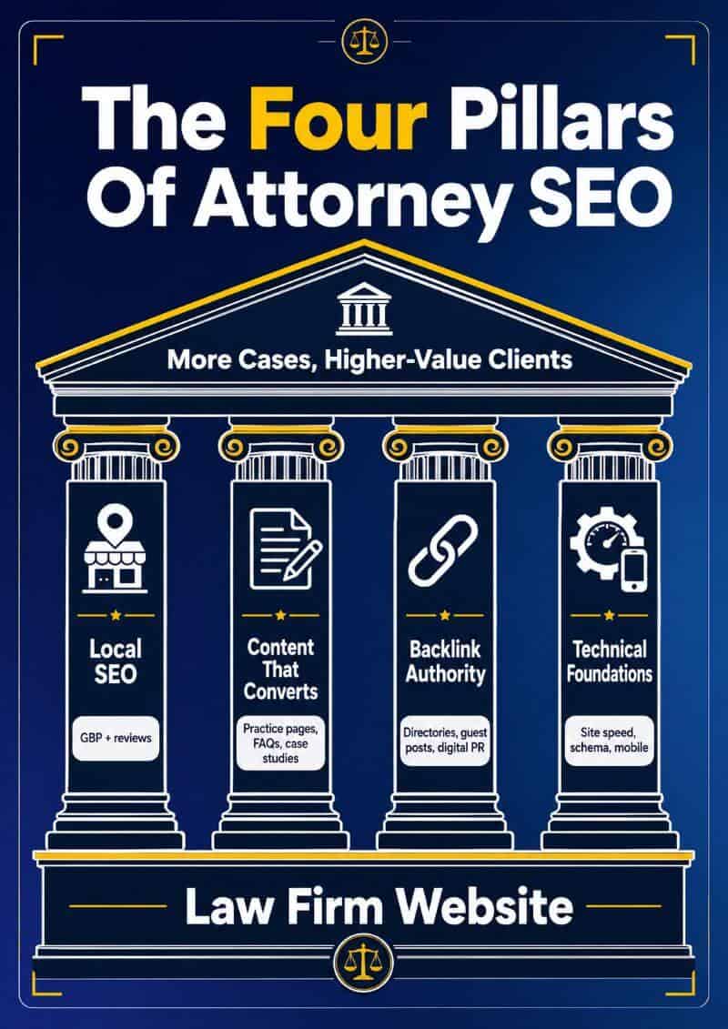 An infographic titled "The Four Pillars Of Attorney SEO