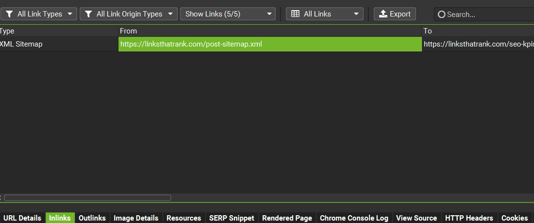Inlinks panel revealing the source URL that points to a redirect chain