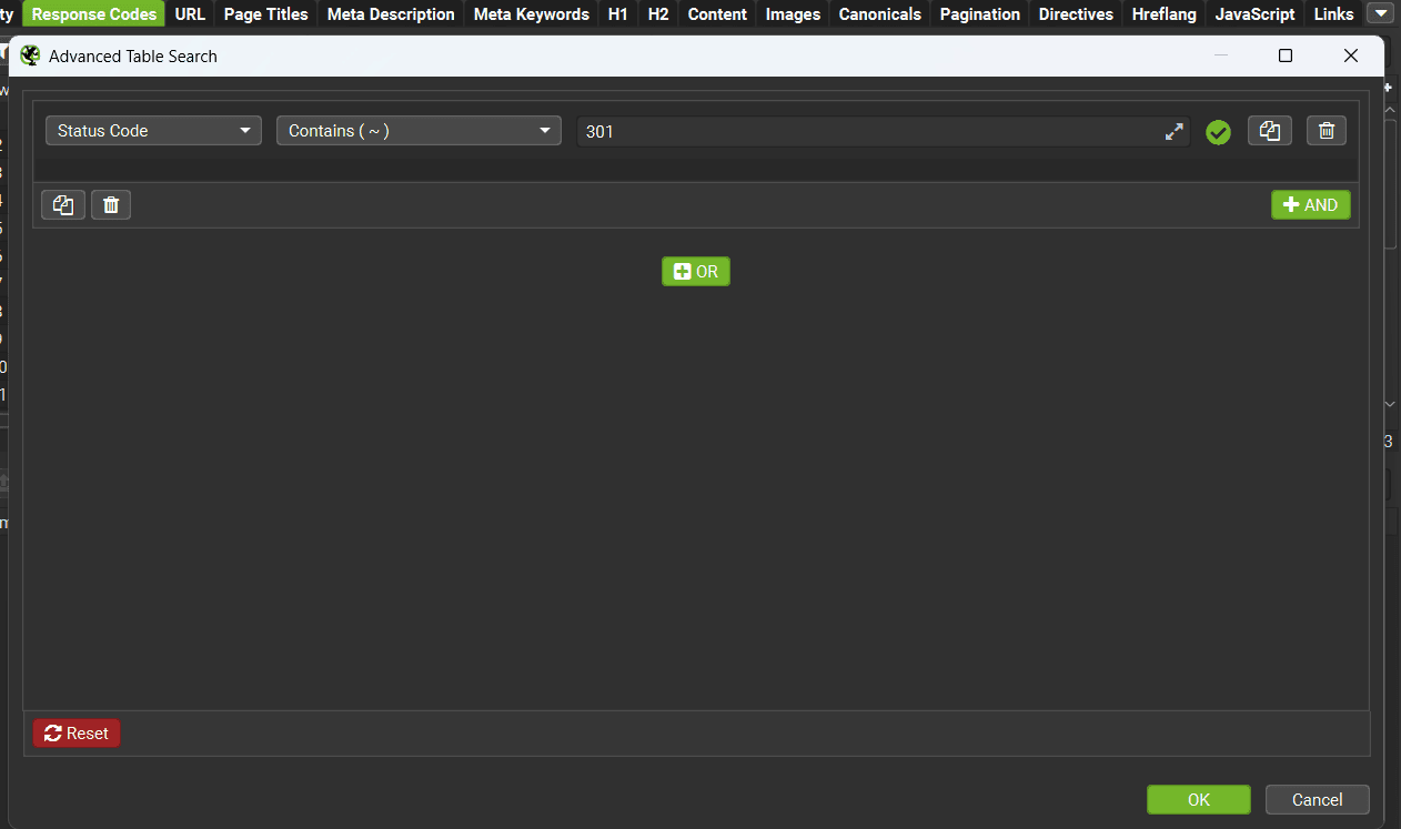 Screaming Frog Response Codes tab filtered to Redirection (3XX) showing redirected URL