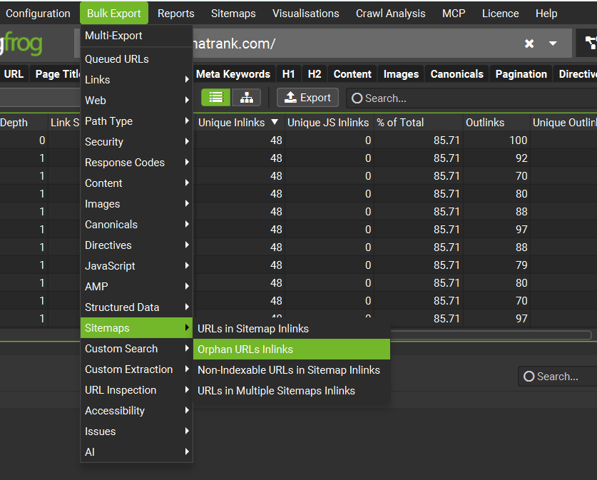 Screaming Frog Bulk Export menu with Sitemaps and 'Orphan URLs Inlinks' selected