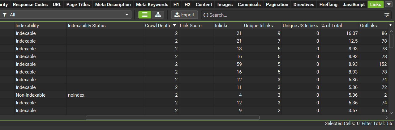 Screaming Frog Links tab highlighting the Crawl Depth column
