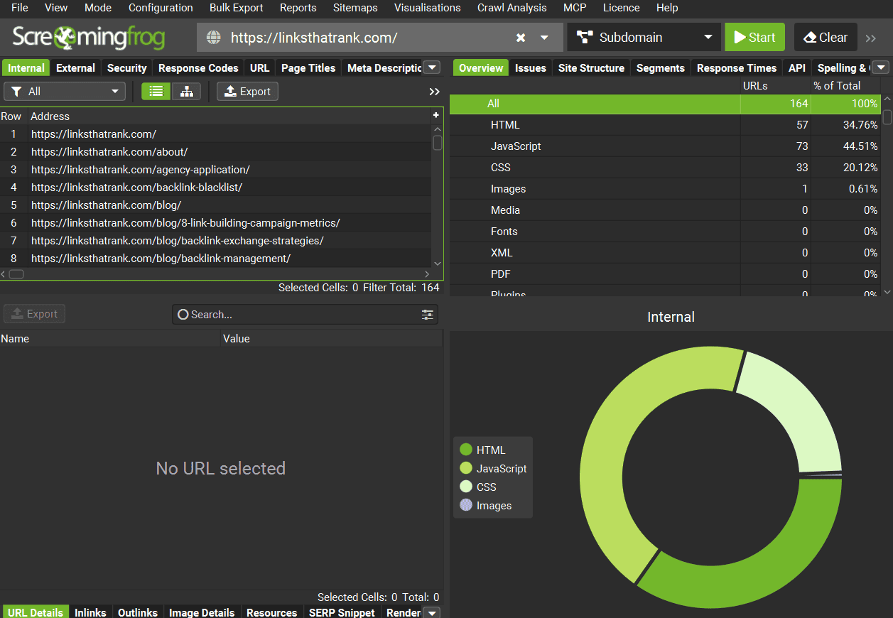 Screaming Frog SEO Spider running a full crawl on a website with the crawl progress bar visible