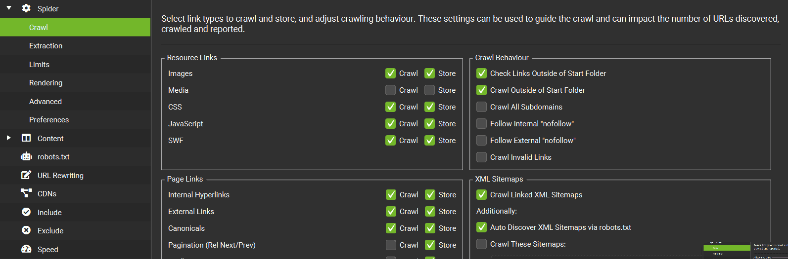 Screaming Frog configuration showing the Crawl Linked XML Sitemaps setting enabled