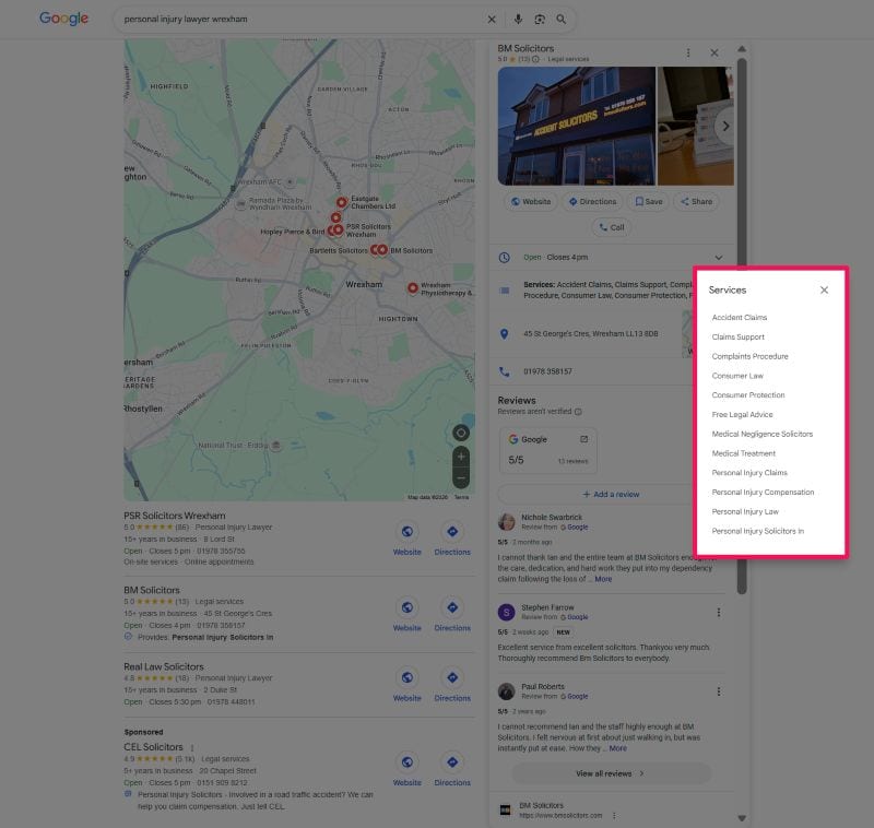 Google Business Profile Dashboard Showing Service Categories