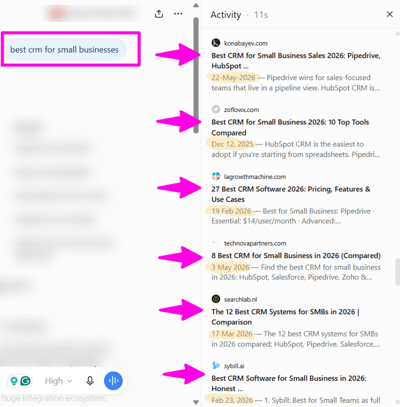ChatGPT buyer-intent answer with the sources panel expanded, showing the listicle URLs it cited