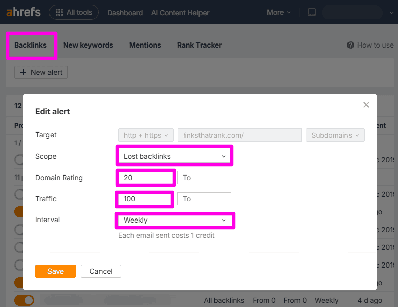 Ahrefs Alerts setup screen configuring a lost backlink alert