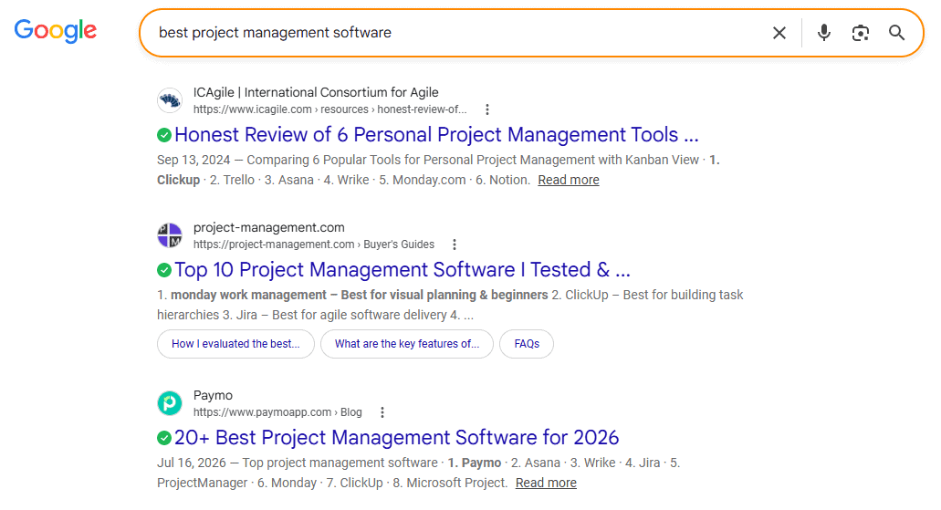 Google SERP for a query showing third-party listicles occupying the top organic results