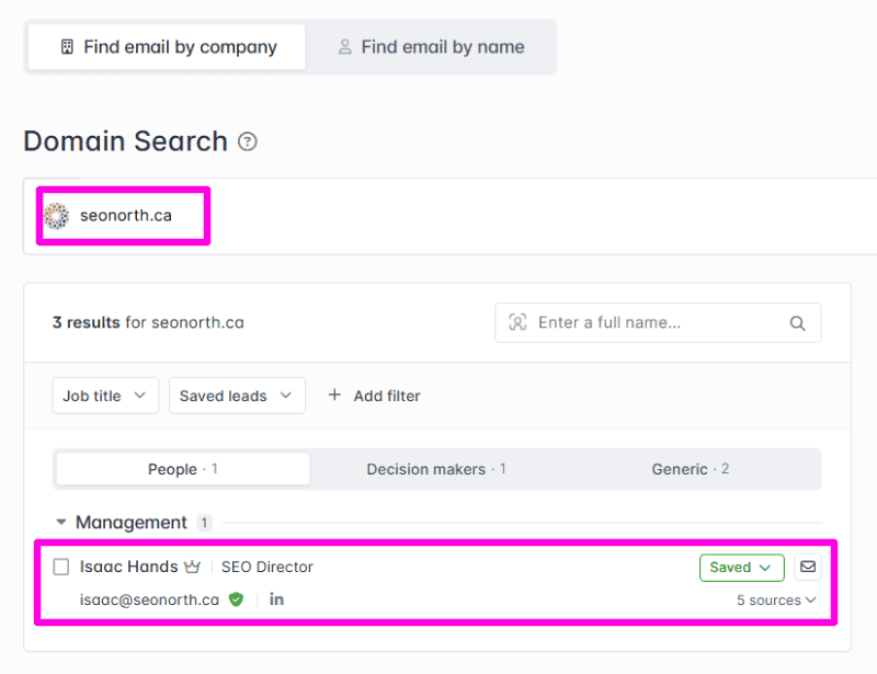 Hunter.io domain search results showing verified author email addresses