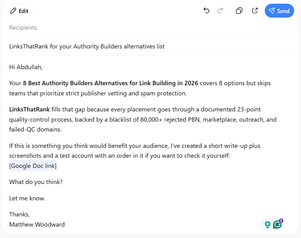 outreach email template filled in and ready to send
