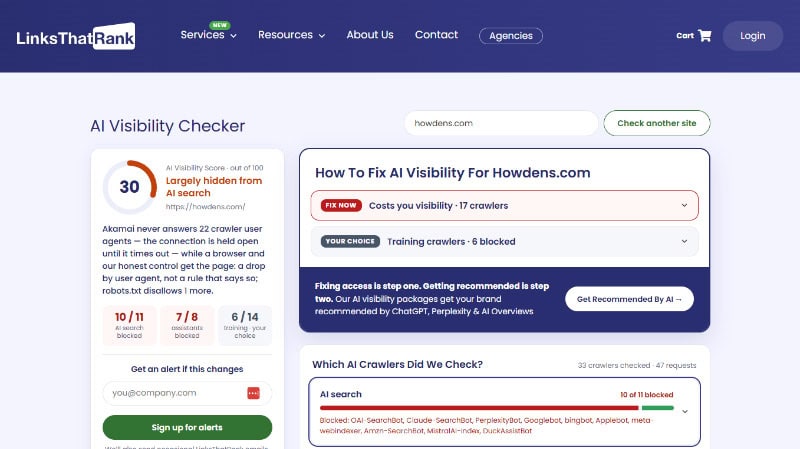 LinksThatRank AI Visibility Checker results page with a visibility score and verdicts for each AI crawler