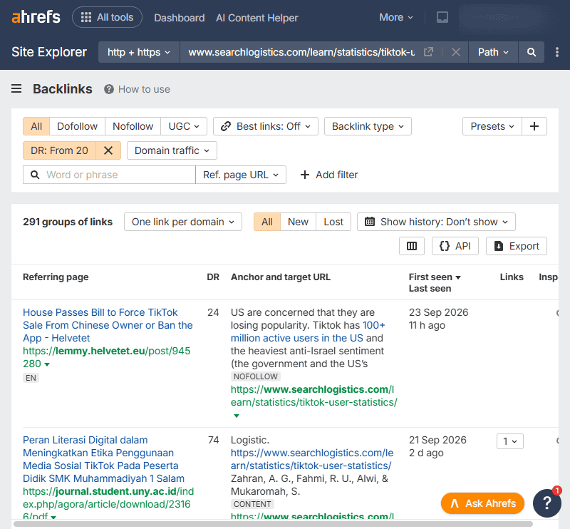 Ahrefs backlinks report filtered by a single target URL