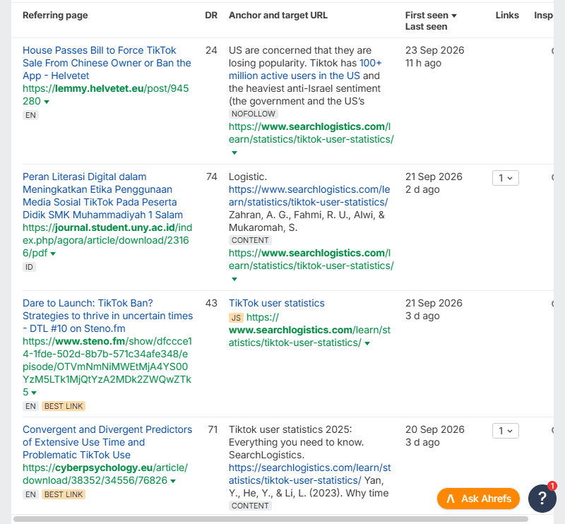 Ahrefs backlink report filtered by first seen