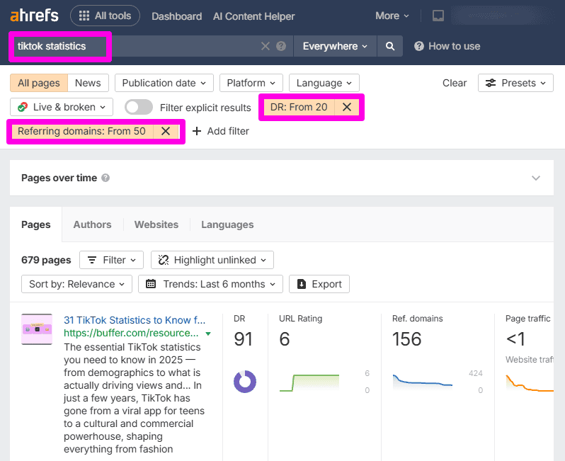 Content Explorer results for a statistics query