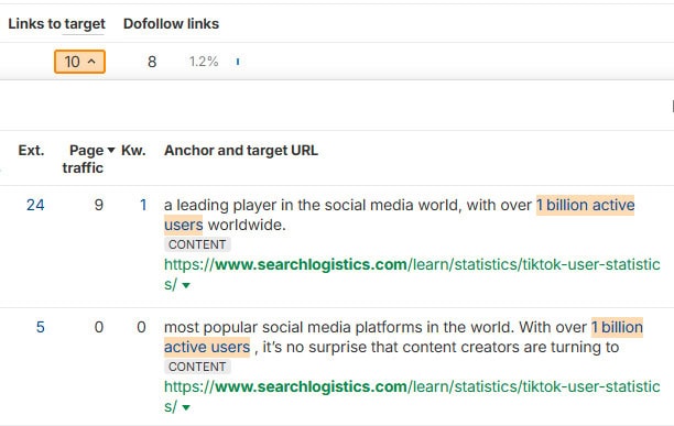 Anchors report with Links to Target Expanded