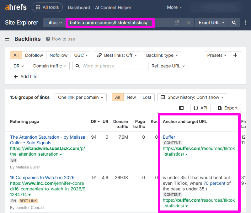 Ahrefs backlinks report filtered to a statistics page, with the anchor text column highlighted