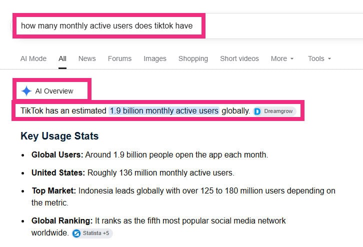 Google AIO Statistic page answer