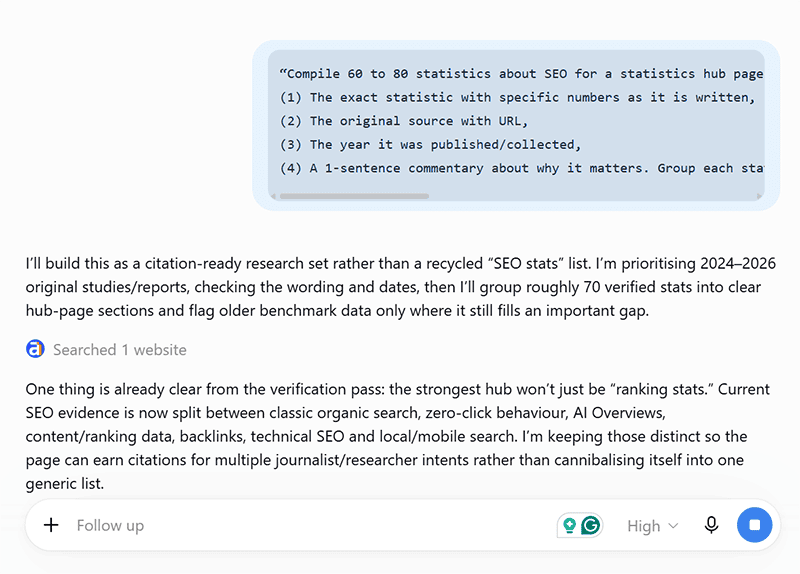 ChatGPT composer running a statistics compilation prompt