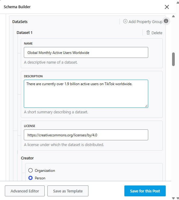 RankMath schema editor with the Dataset schema type