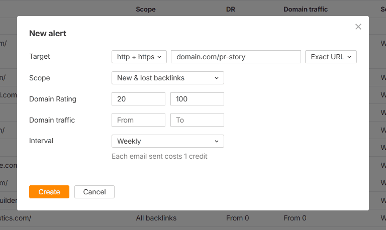 Ahrefs Alerts set up for new backlinks to a study page